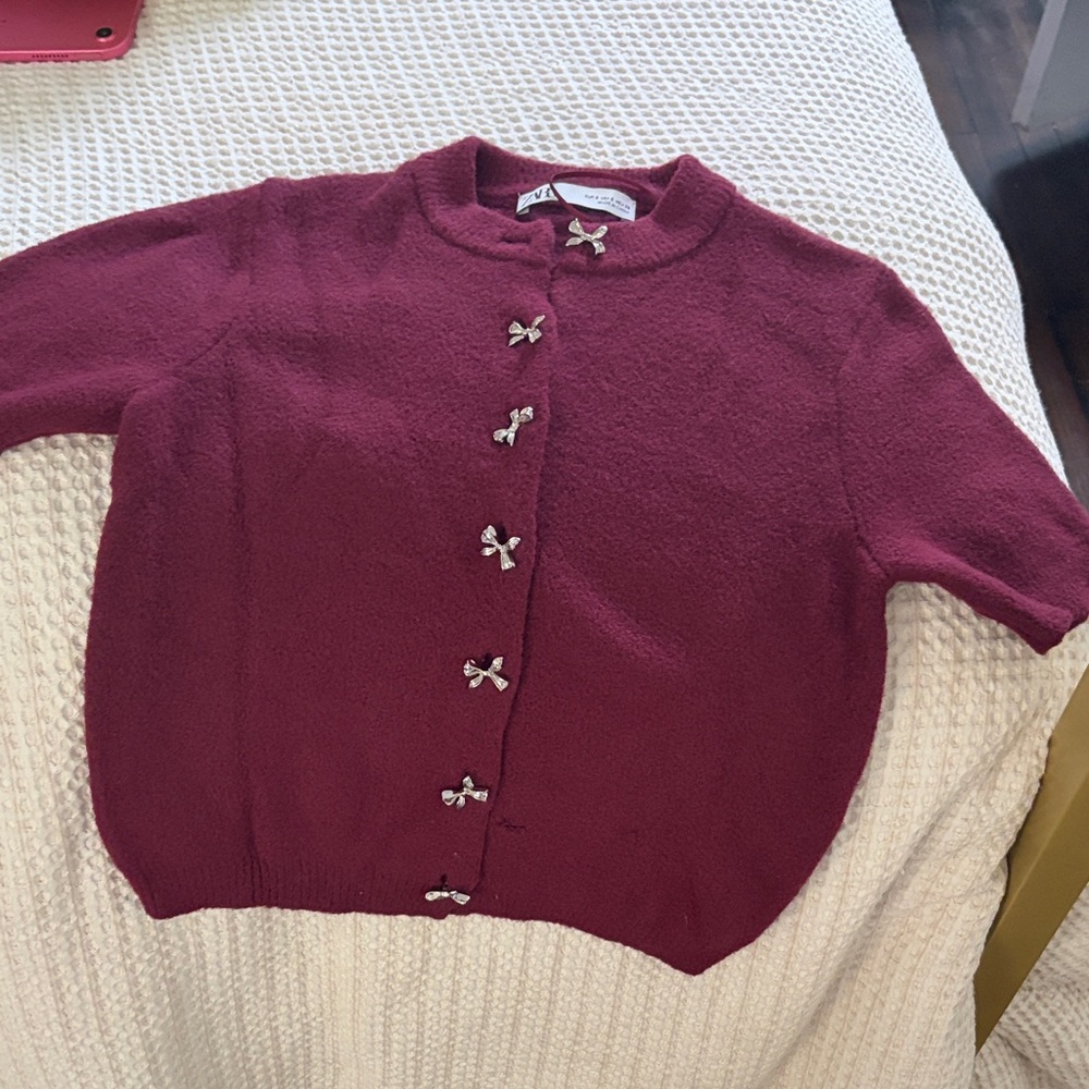 Zara Wine Short-Sleeve Button-Front Knit Top